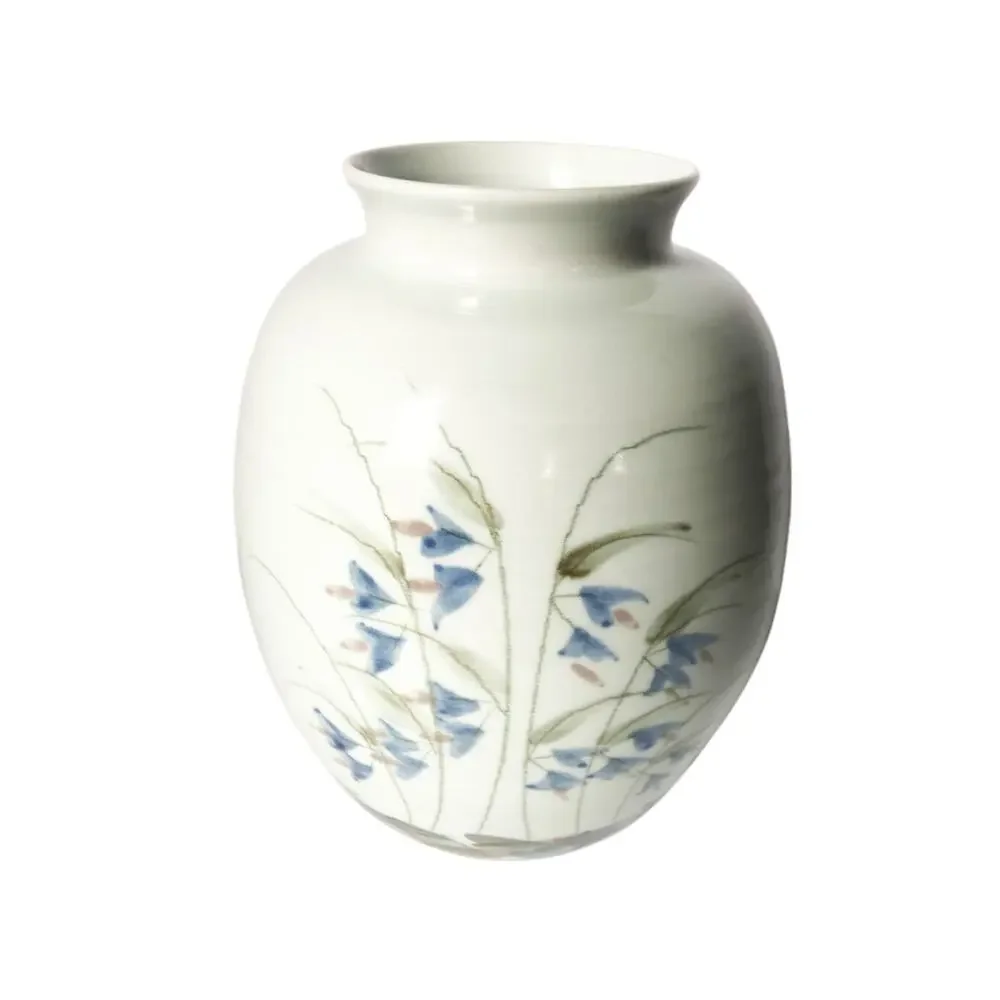 Studio Pottery 80s Signed Vase Beige Blue Mauve Floral